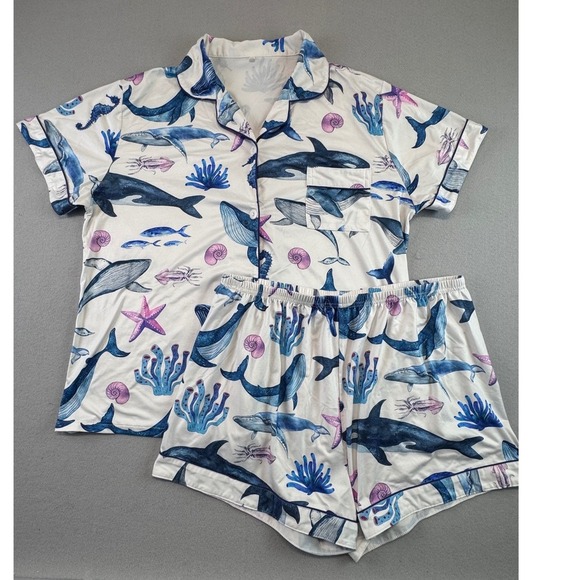 Other - Whale Marine Life Pajama Set Short Sleeve Button Down Shorts XXL Blue White